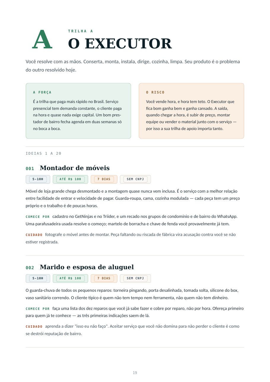 Página 19 do e-book: abertura da Trilha A, O Executor, com as caixas A força e O risco e as primeiras ideias etiquetadas.